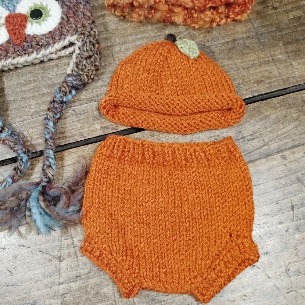 Baby Hand Knit Hat Handmade Crochet Cap Owl Pumpkin Fall Lot New